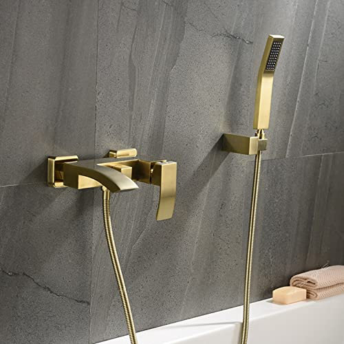 XJTNLB Wannenarmatur mit Handbrause Badewannenarmatur mit Handbrause Wandmontage Wasserhahn Badewanne Wasserfall Einhebelmischer Dusche, Gebürstetes Gold