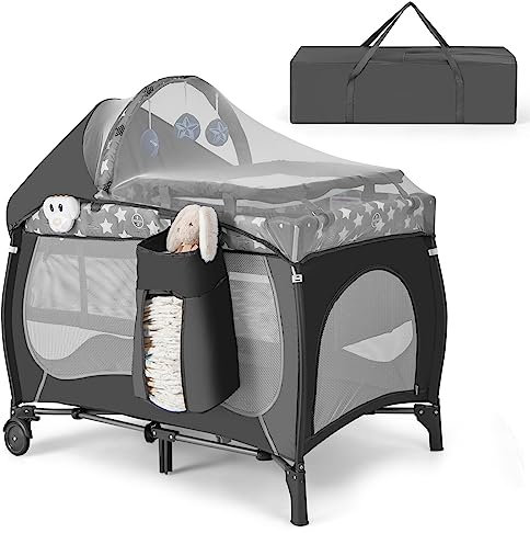 RELAX4LIFE 4 in 1 Lettino da Campeggio con Materasso per Bambini, Culla da Viaggio per Neonati con Fasciatoio, Baldacchino Retrattile con Zanzariera, Adatto a Bambini da 0 a 36 Mesi (Grigio)