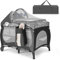 RELAX4LIFE 4 in 1 Lettino da Campeggio con Materasso per Bambini, Culla da Viaggio per Neonati con Fasciatoio, Baldacchino Retrattile con Zanzariera, Adatto a Bambini da 0 a 36 Mesi (Grigio)