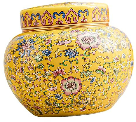 F Fityle Keramik-Ingwerglas-Blumenvase mit Deckel, 800 ml Fassungsvermögen, Ornament, Mehrzweck-Schreibtischvase im chinesischen Stil, Teedose für Esszimmer, GELB