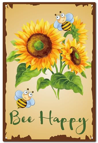 CREATCABIN Bee Happy Sign Sunflower Metal Tin Sign Rustic Garden Decor Plaque Summer Farmhouse Vintage Iron Painting Poster Retro Mural Hanging Wall Art Decoration for Home Living Room Cafes 12x8 Inch
