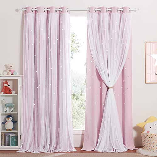 NICETOWN Gardinen Kinderzimmer Mädchen Doppellagiger Vorhang mit Hohlen Sternen und Voile Verdunklungsvorhänge Ösenschal 2er Set H 280 x B 132 cm, Hellpink