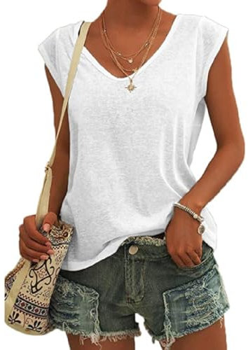 EDOTON T Shirt Donna Maglietta Corte Scollo a V Manica Corta Donna Casual Estiva Solida T-Shirt Maglietta Elegante(M,Bianco)