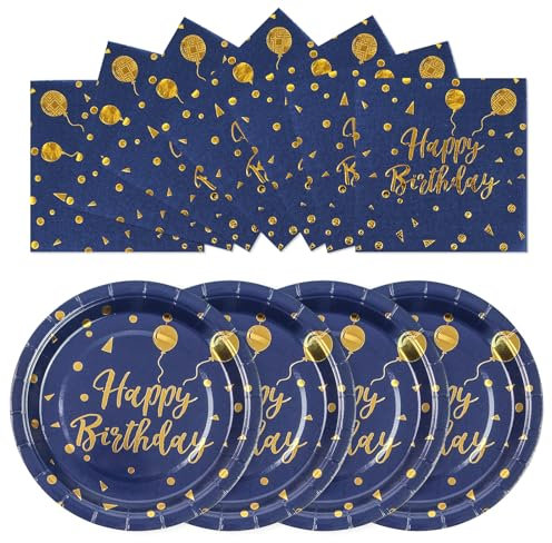 EVYIENEN Lot de 50 assiettes et serviettes en carton bleu et doré, 25 x 17,8 cm, assiettes à dessert 25 x 16,5 cm, serviettes de fête jetables, assiettes en carton, pour anniversaire, fête