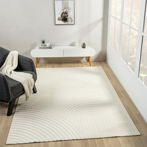 VIMODA Moderner Kurzflor Teppich Wohnzimmer Schlafzimmer Skandinavisch in Creme, Farbe:Wellen, Maße:280 x 380 cm