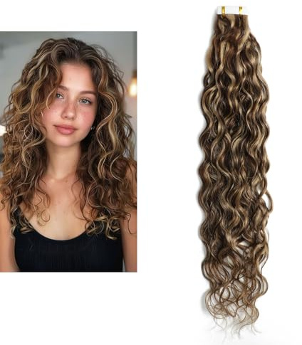 Larafona Hair Tape Extensions Echthaar Lockig, Blond Haarverlängerungen Highlights Braun, Wellig Remy Haar mit Band P4/27# 20pcs, 50g 12inch/30cm
