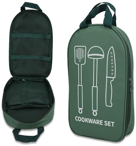 ATEK Large Capacity Camping Picnic Cooking Utensils Storage Bag - Durable Polyester Organizer for Outdoor Cookware - Green