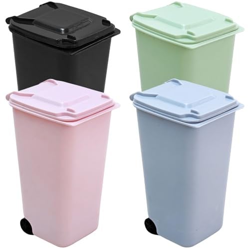 Lot de 4 poubelles de table avec couvercle 1,2 l, en plastique, avec couvercle basculant et roues, mini poubelles pour bureau, coiffeuse, chambre à coucher