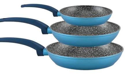 Juego de 3 sartenes azules de aluminio antiadherentes con fondo de inducción ideal para una distribución óptima del calor – Tres tamaños 18 – 22 – 26 cm para cocinar diferentes platos – Lavable en