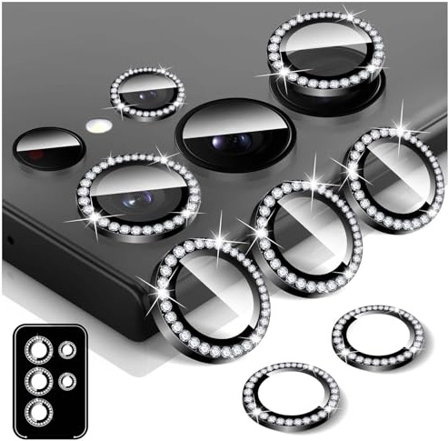 Kucheed Diamond Camera Lens Protector for Samsung Galaxy S23 Ultra, 9H Tempered Glass Back Camera Cover Screen Protector, Bling Anti-Scratch Individual Aluminum Metal Protective Ring