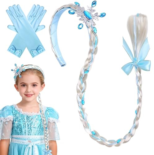 Prinzessinnen-Kostüm-Perücke, geflochtene Perücke, Stirnband, Haarverlängerung, Zubehör, Haarband mit Handschuhen, Pferdeschwanz für Mädchen, Kinder, Halloween, Geburtstag, Weihnachten, Party, Cosplay