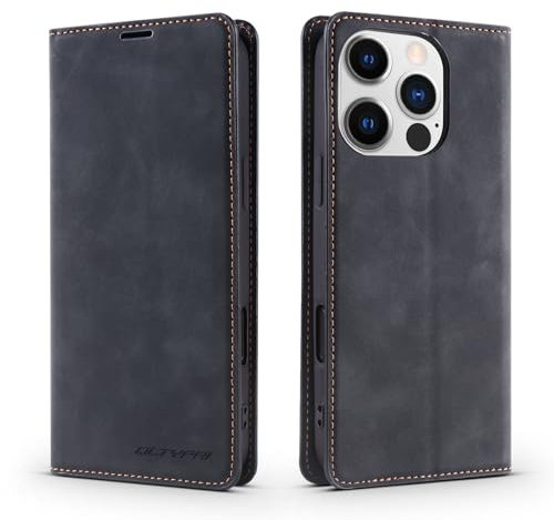 QLTYPRI Case for iPhone 16 Pro Max 6.9 inch, Premium PU Leather Cover TPU Bumper with Card Holder Kickstand Hidden Magnetic Adsorption Flip Wallet Case Cover for iPhone 16 Pro Max - Black