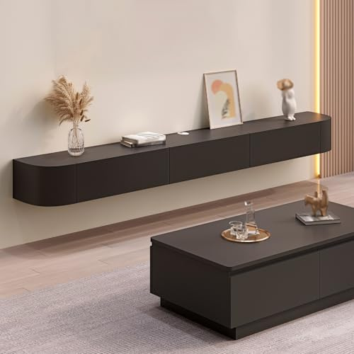 Meuble De Divertissement en Bois Massif avec Grand Espace De Rangement Et Étagères Meuble De Rangement Mural pour TV avec Porte Meuble TV Flottant Moderne avec Tiroir Meuble TV Élégant(Noir,200cm)
