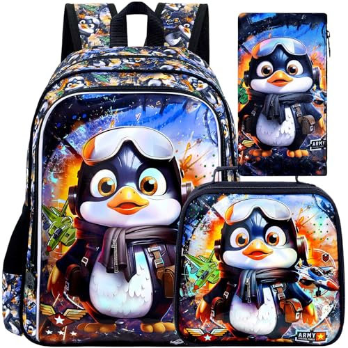 ZLYERT Pinguin-Rucksack für Jungen, 40,6 cm, 3 Stück, Kinder-Büchertasche für Grundschule, Kindergarten, Schulrucksäcke mit Lunchbox, Schwarz, Pinguin Schwarz, Einheitsgröße, Tagesrucksäcke
