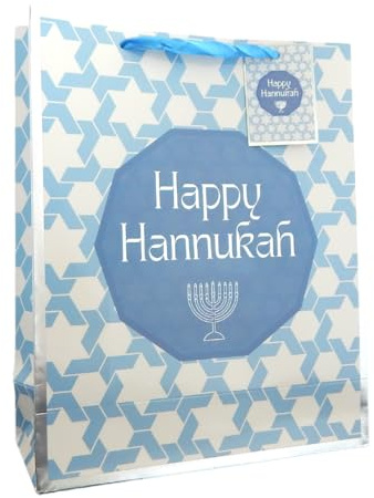 Peacock Supplies Happy Hanukkah Gift Bag - 31cm x 25cm x 10cm | Elegant, Sweet Blue & Silver Gift Bag with Matching Tag | Sturdy 300gsm Card to Hold Sweets, Treats & Presents | Great For Kids Gifting