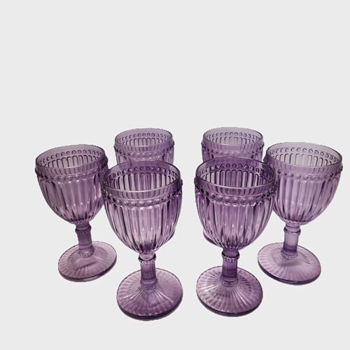 KWARE Vintage Glassware Wine Glass Goblets Set of2 and 4, 250ml Embossed Bead Pattern Green Wine Glasses, Stemmed Drinking Glasses for Red White Wine, Soda, Juice, Beverage (6, Purple)