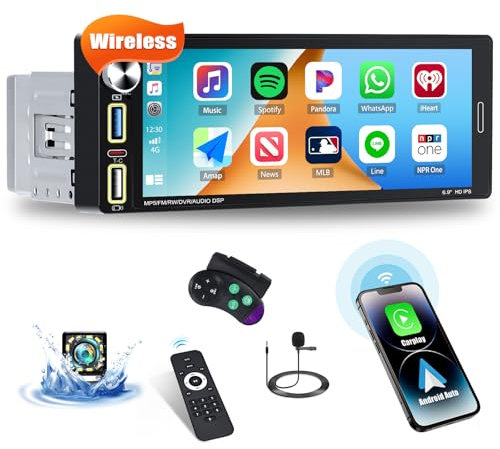 CAMECHO Autoradio 1Din mit Kabellosem CarPlay Android Auto, 6.9 Zoll IPS Carplay Auto Bildschirm mit Bluetooth FM/RDS Radio Mirror Link USB/AUX/EQ SWC Rückfahrkamera+MIC