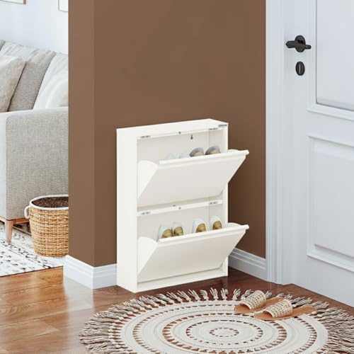 VEEHAUS Schuhkipper Metall schmal magnetisch, 2 Klappen Wandmontage Creme | Magnetklappe hält Schuhe staubfrei, Bis 150kg belastbar, Metalloberfläche, pflegeleicht, Wandmontage inkl. Montagematerial