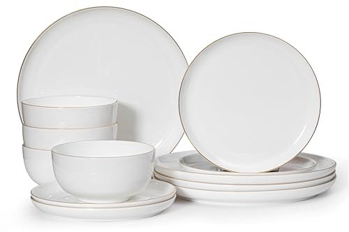 Dinewares Perlaceo Luxurious Collection of White with Gold Rim Bone China Dinnerware Set-Lightweight and Durable-Service for 4 or 8, Including Dinner, Salad Plates, and Cereal or Soup Bowls, 16-Piece