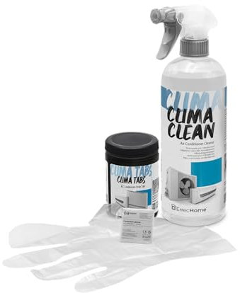 ErrecHome Kit de Nettoyage Climatisation, contient Clima Clean 1L nettoyant pour unité interne et filtres et Clima Tabs 40 tablettes pour le nettoyage de l’évacuation des condensats. Gants inclus.