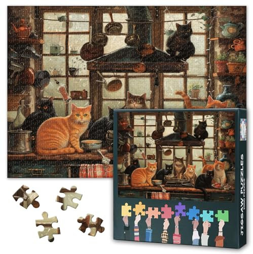 Cat Jigsaw Puzzles 1000 Pieces for Adults Challenging Puzzle Cat in the Kitchen Jigsaw Puzzles Gifts for Family and Friends Finished Size is 70 x 50 cm