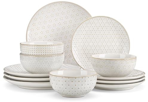 MALACASA Geschirrset für 4 Personen, 12-teiliges Tellerset aus Steingut, Tafelservice Modern Mit Relief – je 4 Speiseteller, Dessertteller und Müslischalen Für Müsli, Pasta, Dessert, Serie LYDIA Beige