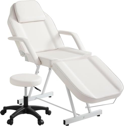 Massageliege Klappbar Kosmetikliege mit Rollhocker 3 Zonen Höhenverstellbar Massagetisch Massagebett mit ergonomischer Kopfstütze, Bezug, Armablage, Kissen (Weiß)