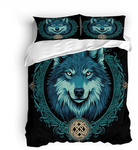 Bettwäsche 135x200 cm 3D Wikinger Keltischer Knoten Wolf Druck Bettwäsche-Sets Mikrofaser Kinder Bedding 3teilig Bettbezug 135x200 Deckenbezug + 2 Kissenbezüge 80x80 Mit Reißverschluss Eckbinder