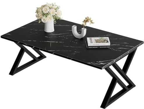 Garden 4 you Couchtisch, Wohnzimmertisch, Sofatisch aus Holz, Kaffeetisch, Beistelltisch für Wohnzimmer, Einfache Aufbau, X Streben,Marmor Weiß und Schwarz Metallgestell,Black.