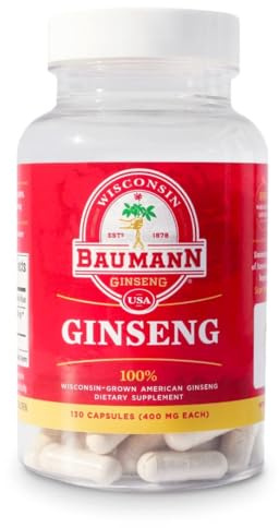 Baumann Wisconsin Ginseng Capsules 60 Pills 400 mg – Pure American Ginseng Root Extract Powder in Each Pill - 100% Natural Panax Ginseng Supplement for Immune Support, Focus and Energy (60 Count)