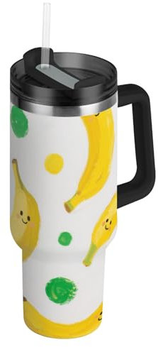 Amooorous Bonita botella de agua reutilizable al vacío de 40 onzas con pajilla, resistente a fugas, diseño de plátanos amarillos, para el hogar, la oficina o el coche, vasos para 40 onzas