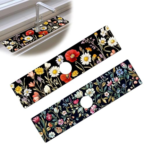 Bimkole 2 STÜCK Wasserhahn Absorbensmatte, Küchenarmatur Waschbecken Spritzschutz Wasserhahn Absorbierende Matte Pad Wasserhahn Spritzfänger für Heim Badezimmer Küche Werkzeuge, 38 x 10 cm Blume A1