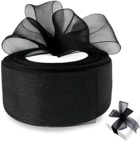 Black Organza Ribbon, 4cm x 45m Chiffon Organza Ribbon, 4cm Wide Black Ribbons for Large Bows for Gift Wrapping for Wedding Birthday, Christmas, DIY Project for Florist Flower, Hair Bows, Decoration