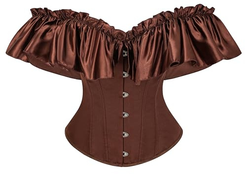 Bslingerie Women Corset Victorian Style Off-Shoulder Corset, Floral Embroidered, Light Blue and yellow, Ruffle Sleeve (UK, Alpha, M, Brown)