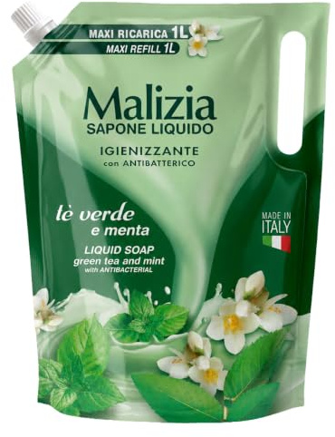 Malizia sapone liquido igienizzante con antibatterico te verde e menta ecoricarica 1000 ml