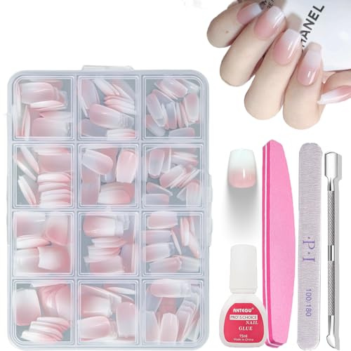 240pcs Ombre Press On Nails Short Square with 15ml Nail Glue and Nail File Set, Reusable Fake Nails Kit for Natural French Manicure at Home - Complete with Cuticle Pusher & Buffers