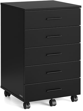 VASAGLE Rollcontainer mit 5 Schubladen, schraubenlosen Gleitschienen | Mobiler Aktenschrank, Druckerständer, für Büro, Homeoffice, Tinte Schwarz, CUSTOS Kollektion OFC081BC02