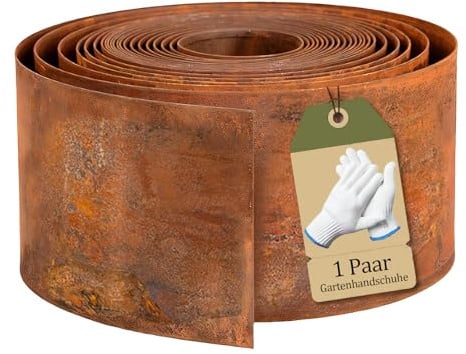 Omtofo Bordura per Aiuola in Acciaio Corten 10 M, Bordura Corten per Giardino, Altezza 15 cm, Recinzione per Aiuole con Aspetto Ruggine per Aiuole, Allee, Alberi e Ghiaie, 1 Paio di Guanti Inclusi