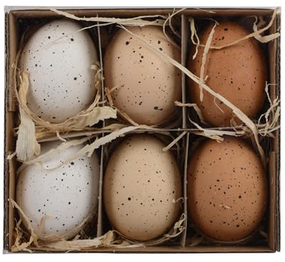 Ostereier zum Aufhängen 4x6cm 6er Box - Dekoeier mit Aufhänger und Sprenkeln - Echte Hühnereier ausgeblasen - Deko Eier für Ostern Frühling - Osterdeko Hängedeko Frühlingsdeko - Naturfarben
