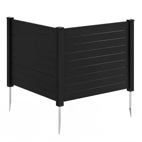 GYMAX 122 x 95 cm Clôture de Jardin en Plastique Décoratif 2 Panneaux, Clôture de Confidentialité avec Piquets Galvanisés, Brise-Vue pour Climatiseur Poubelles Cour Extérieur (Noir)