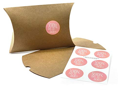 Frau WunderVoll® 48 VERPACKUNGEN GASTGESCHENK, 48 Natur Kissenschachteln und 48 rosa Aufkleber/Faltverpackung, Geschenkverpackung, Gastgeschenk, Hochzeit