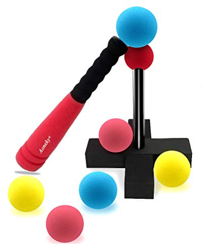 Aoneky Foam Tball Set for Toddlers 1-3 Years - First Baseball Toy with Soft Foam Bat & Balls, Stable Tee & Carry Bag, Indoor Outdoor Gift for Kids (Red)