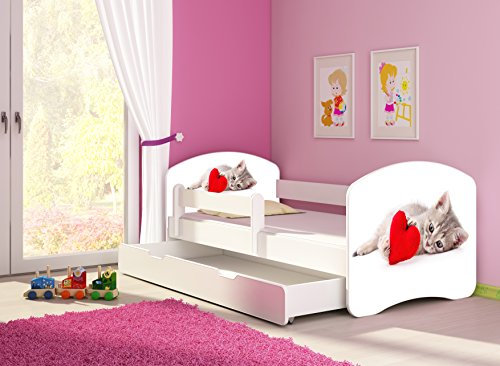 CLAMARO 'Fantasia Weiß' 160 x 80 Kinderbett Set inkl. Matratze, Lattenrost und mit Bettkasten Schublade, mit verstellbarem Rausfallschutz und Kantenschutzleisten, Design: 40 Kätzchen mit Herz