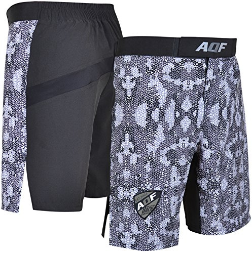 AQF MMA Shorts Camo Grey for Grappling Kickboxing Fight Training Cage | 100% Stretch Polyester, Moisture Wicking, Hook & Loop Closure, Secure Fit, Flexible Groin Stretch, Boxing & Circuit Exercise