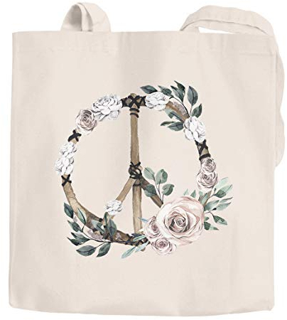 Jutebeutel Peace-Symbol Blumen Flowerpower Hippie Boho Bohemian Autiga® natur 2 lange Henkel