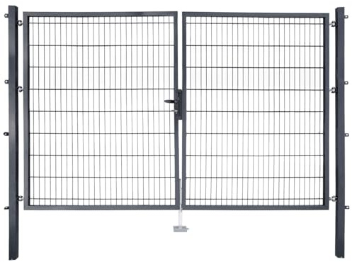 HORI Gartentor Einzel/Doppel-Flügeltor für Doppelstabmattenzaun – Komplettset inkl. Beschlagset, Zylinder & Schlüssel – verzinkt & pulverbeschichtet Farbe: Anthrazit - Größe: 1600 x 3000 mm (H x B)