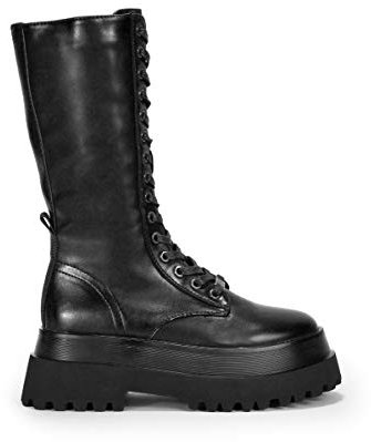 BOSANOVA Stivali militari alti con suola track e lacci. Chiusura interna con zip., Nero , 38 EU