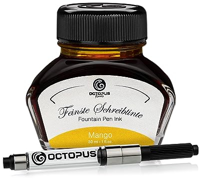 Octopus Fluids Füllhaltertinte im Tintenglas inklusive Konverter, Schreibtinte für Füllhalter, Füllertinte in Mango 30ml mit Tintenkonverter