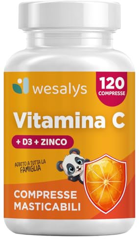 Vitamina C D Zinco, Masticabile gusto Arancia, per Bambini ed Adulti, Vitamina C 1000mg, Vitamina D3 2000 UI e Zinco 5mg in 2 cpr, WE Salus