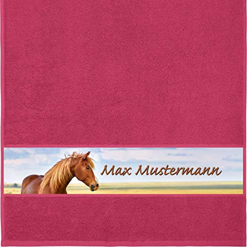 Manutextur Handtuch mit Namen - personalisiert - Motiv Pferd 1 - viele Farben & Motive - Dusch-Handtuch - Fuchsia - Größe 50x100 cm - persönliches Geschenk mit Wunsch-Motiv und Wunsch-Name